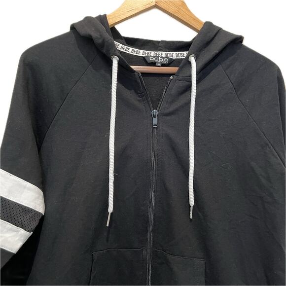 BEBE SPORT Black Jacket Sz M Hoodie Zip Up Logo Jersey White Stripe - Picture 2 of 9
